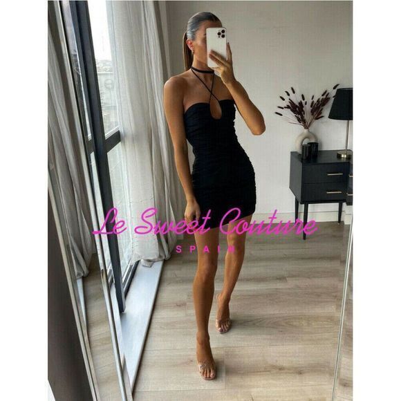 NEW ZARA DRAPED MINI DRESS BLACK PLEATED SMOCKED WOMENS SIZE S STRAPPY - Picture 2 of 9